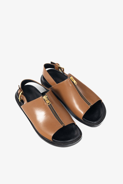 Marni Peanut Leather Zip-Front Slingback Sandals