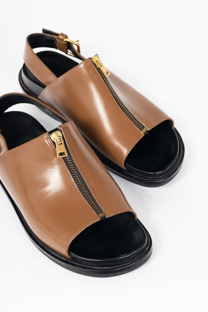 Marni Peanut Leather Zip-Front Slingback Sandals