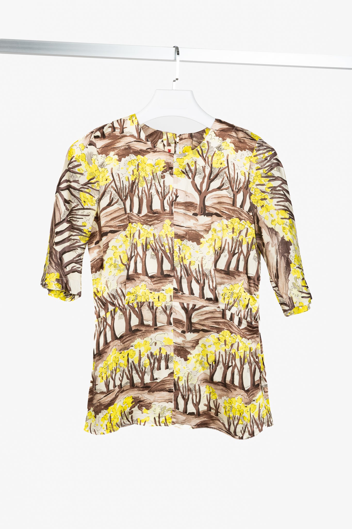 Marni AW/13 Brown & Yellow Forest-Print Viscose 3/4-Sleeve Blouse