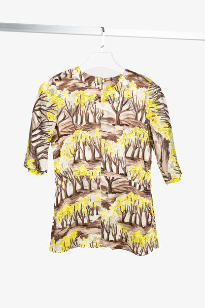Marni AW/13 Brown & Yellow Forest-Print Viscose 3/4-Sleeve Blouse