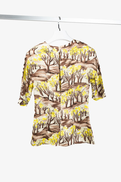 Marni AW/13 Brown & Yellow Forest-Print Viscose 3/4-Sleeve Blouse