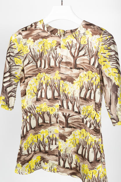 Marni AW/13 Brown & Yellow Forest-Print Viscose 3/4-Sleeve Blouse