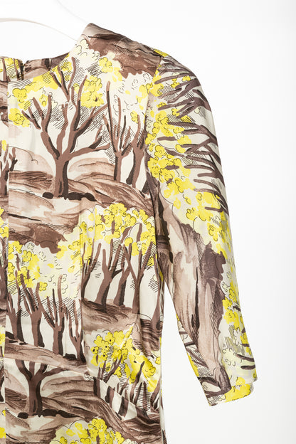 Marni AW/13 Brown & Yellow Forest-Print Viscose 3/4-Sleeve Blouse
