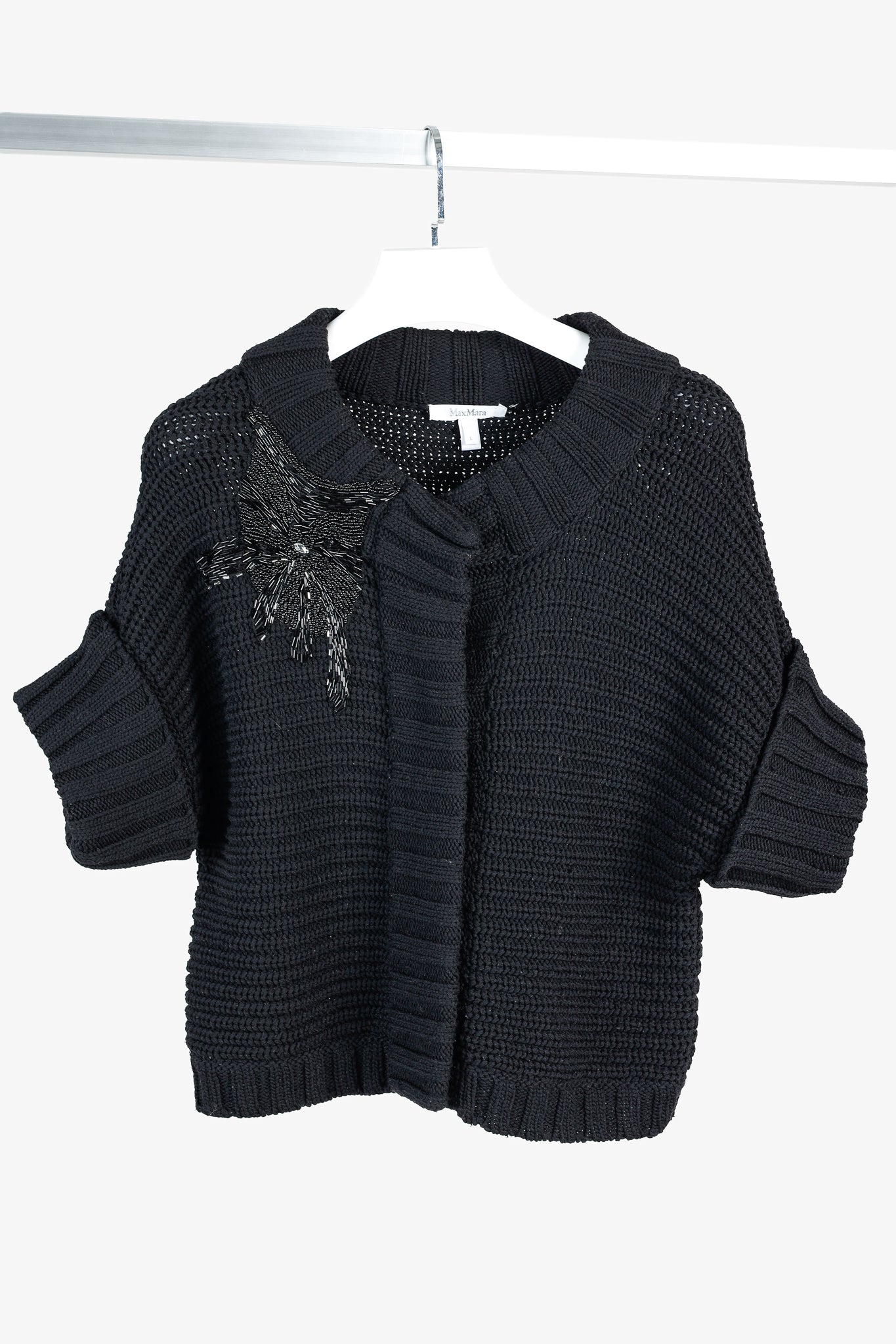 MaxMara Black Chunky Knit Beaded Boxy Cardigan