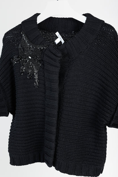 MaxMara Black Chunky Knit Beaded Boxy Cardigan