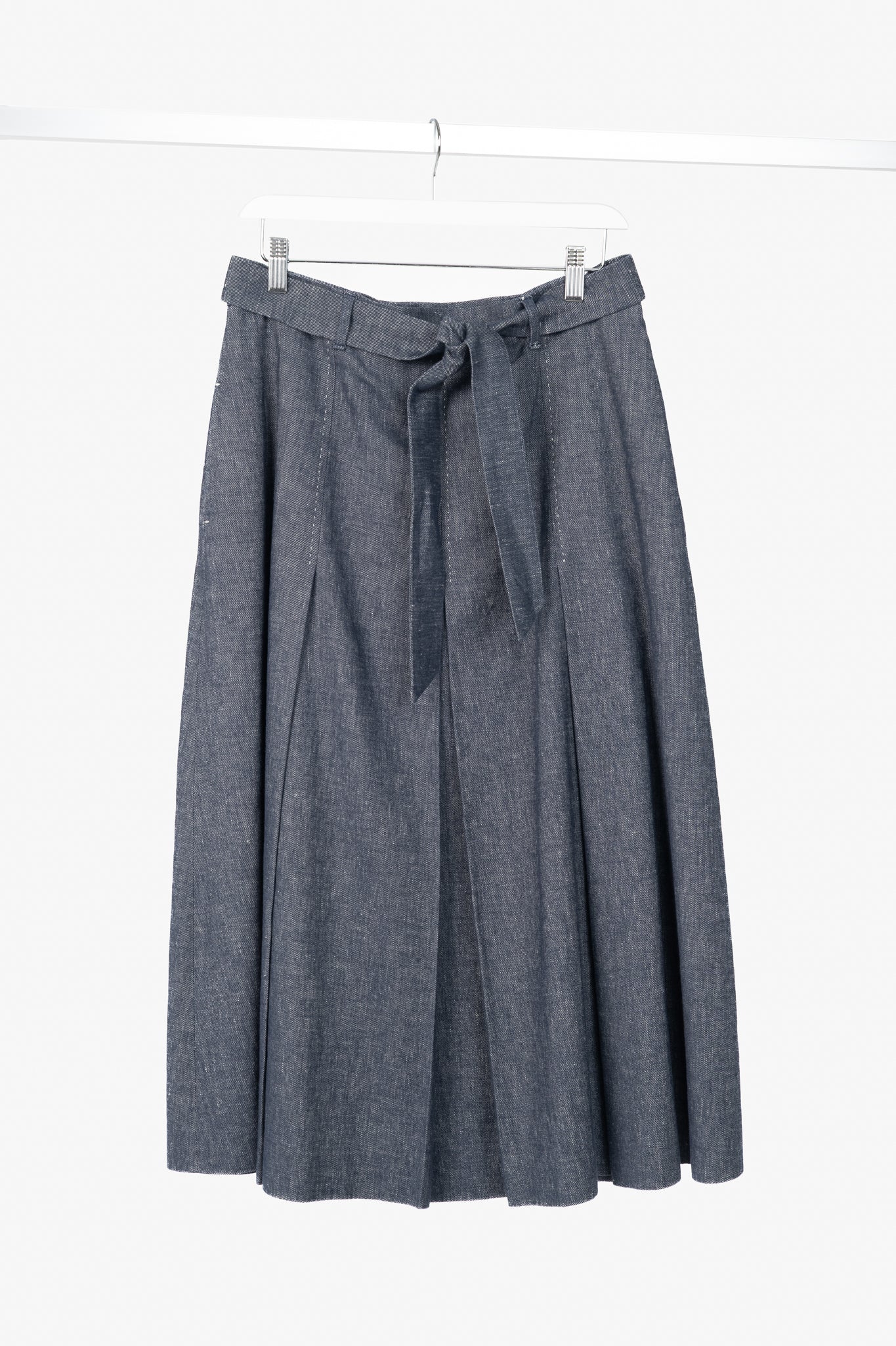 Max Mara Studio Blue Linen & Cotton Denim Belted Pleated Midi Skirt