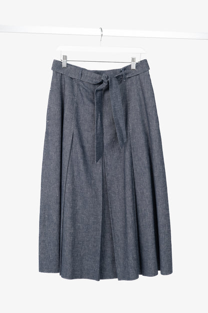 Max Mara Studio Blue Linen & Cotton Denim Belted Pleated Midi Skirt