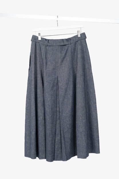 Max Mara Studio Blue Linen & Cotton Denim Belted Pleated Midi Skirt