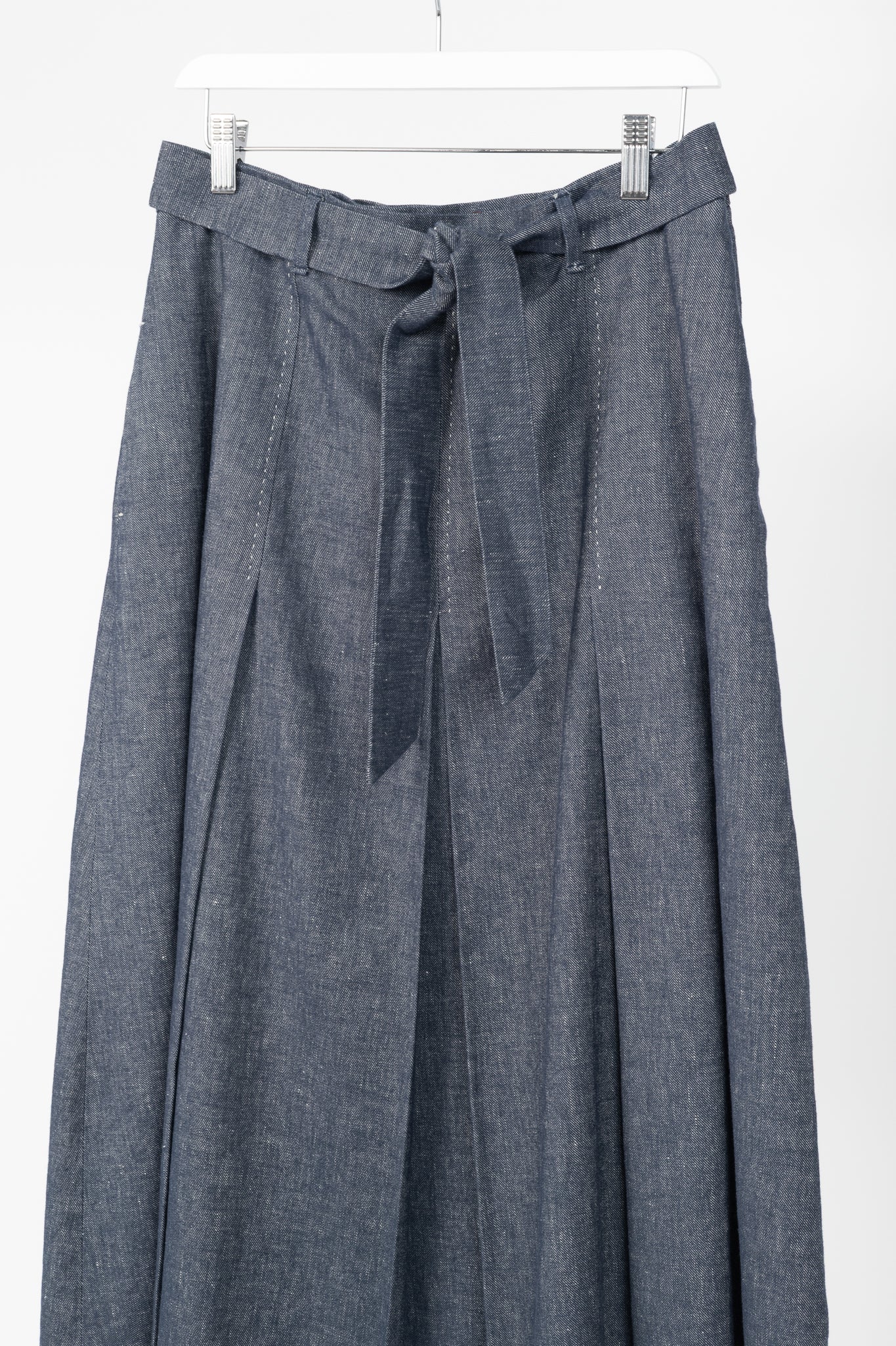 Max Mara Studio Blue Linen & Cotton Denim Belted Pleated Midi Skirt