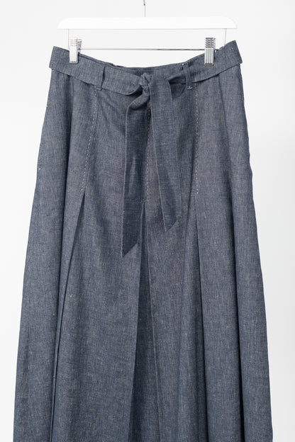 Max Mara Studio Blue Linen & Cotton Denim Belted Pleated Midi Skirt