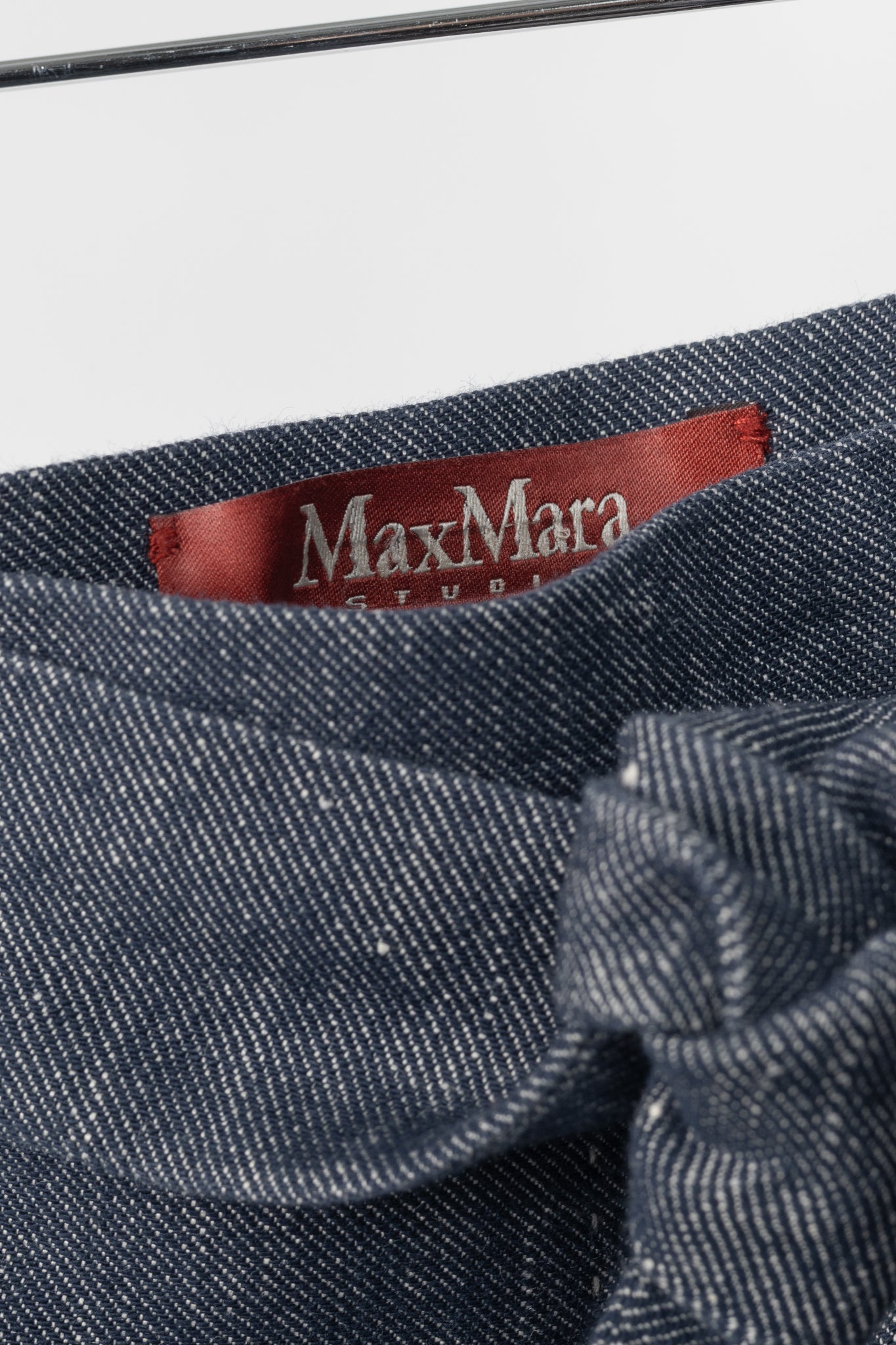 Max Mara Studio Blue Linen & Cotton Denim Belted Pleated Midi Skirt