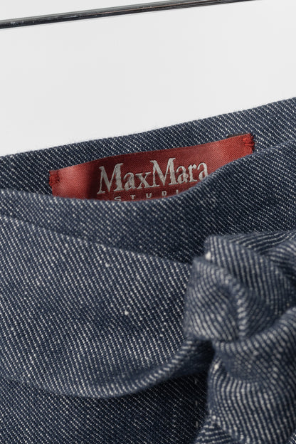 Max Mara Studio Blue Linen & Cotton Denim Belted Pleated Midi Skirt