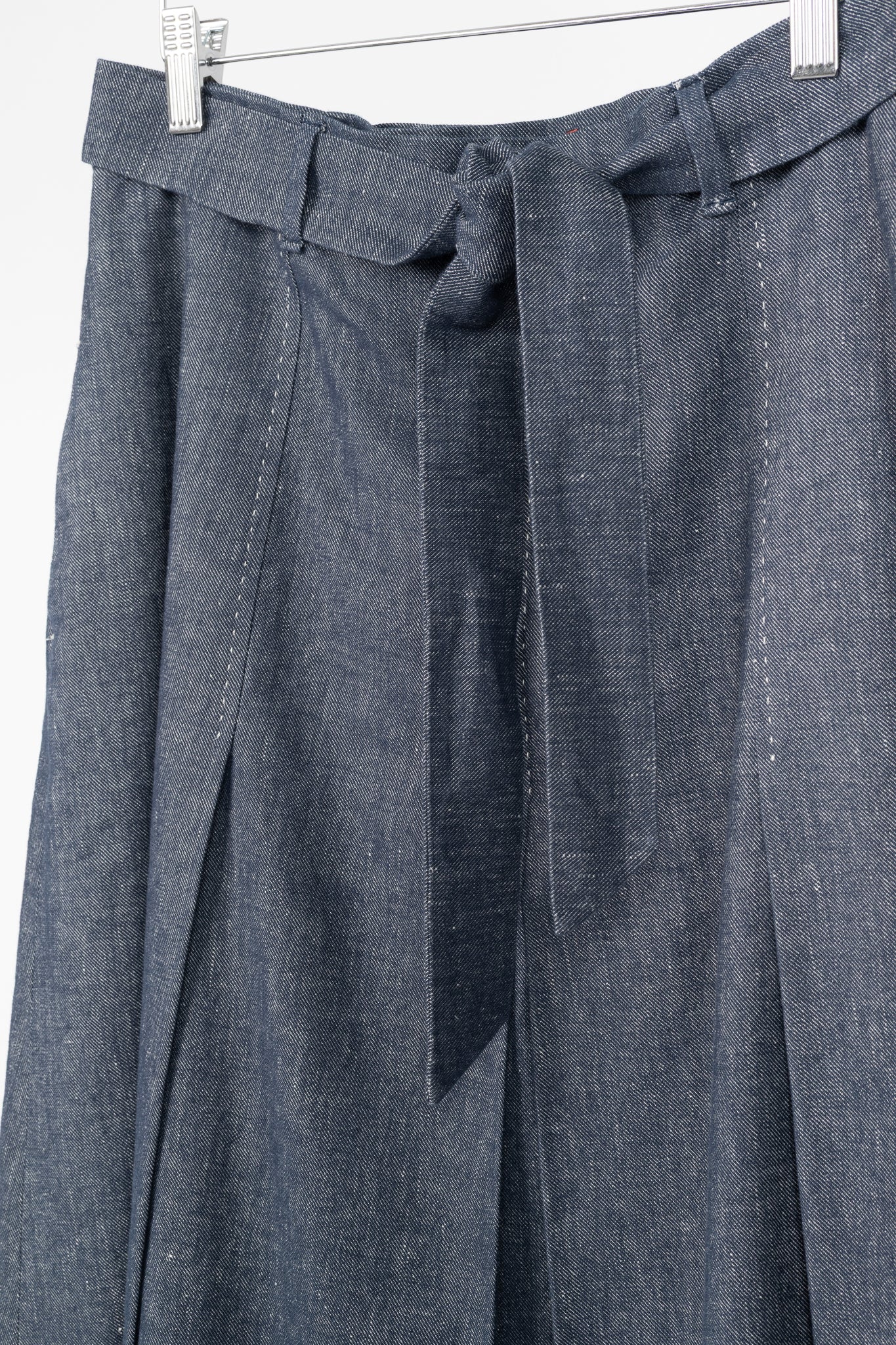 Max Mara Studio Blue Linen & Cotton Denim Belted Pleated Midi Skirt
