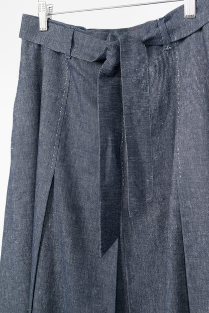 Max Mara Studio Blue Linen & Cotton Denim Belted Pleated Midi Skirt