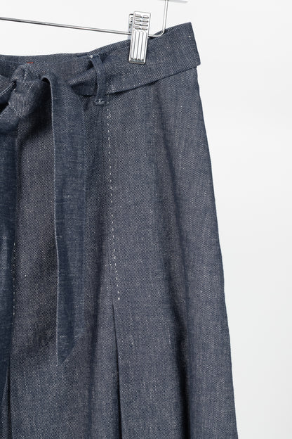 Max Mara Studio Blue Linen & Cotton Denim Belted Pleated Midi Skirt
