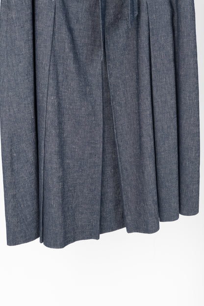 Max Mara Studio Blue Linen & Cotton Denim Belted Pleated Midi Skirt