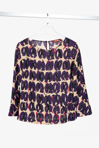 Max Mara Studio Purple & Taupe Abstract-Painted Crepe Blouse