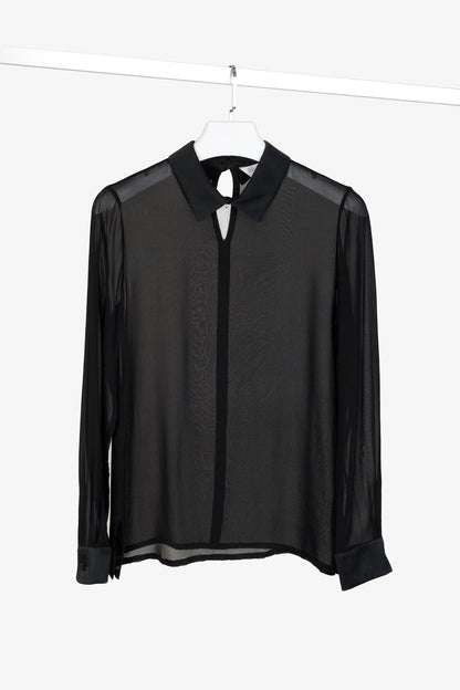Max Mara Black Sheer Satin-Trim Collared Blouse