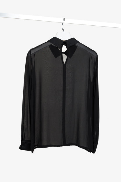 Max Mara Black Sheer Satin-Trim Collared Blouse