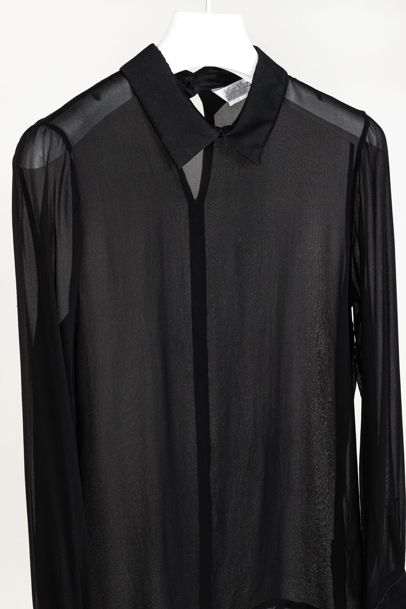 Max Mara Black Sheer Satin-Trim Collared Blouse
