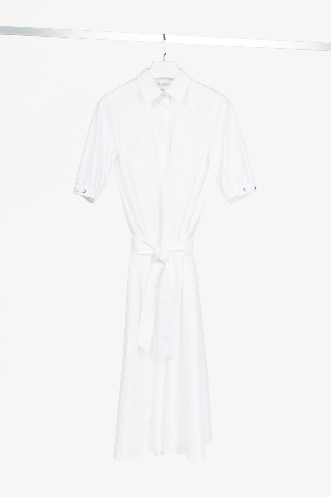 Max Mara SS25 White Cotton-Poplin Belted Midi Dress