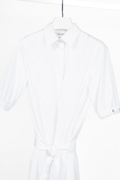 Max Mara SS25 White Cotton-Poplin Belted Midi Dress