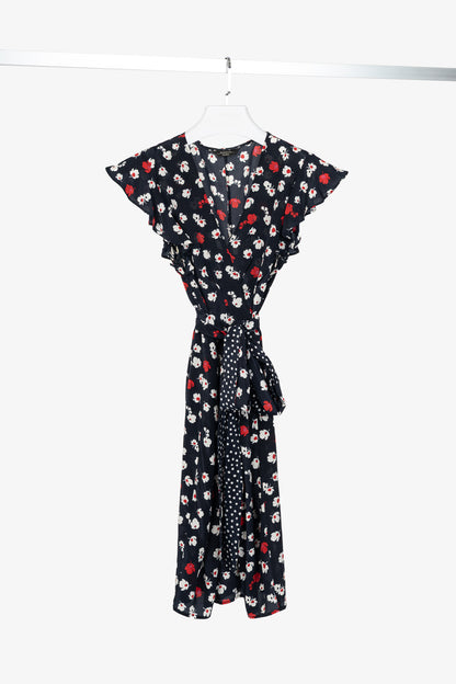 Weekend Max Mara Navy Floral Silk Waist-Tie Mini Dress