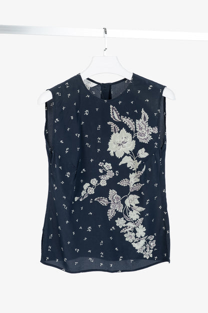 Max Mara Navy Floral Silk Sleeveless Blouse