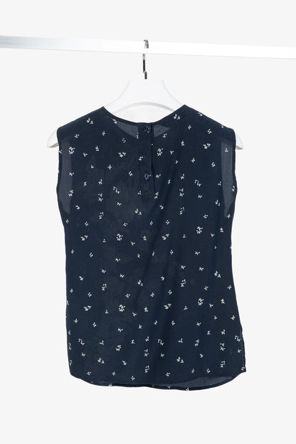 Max Mara Navy Floral Silk Sleeveless Blouse