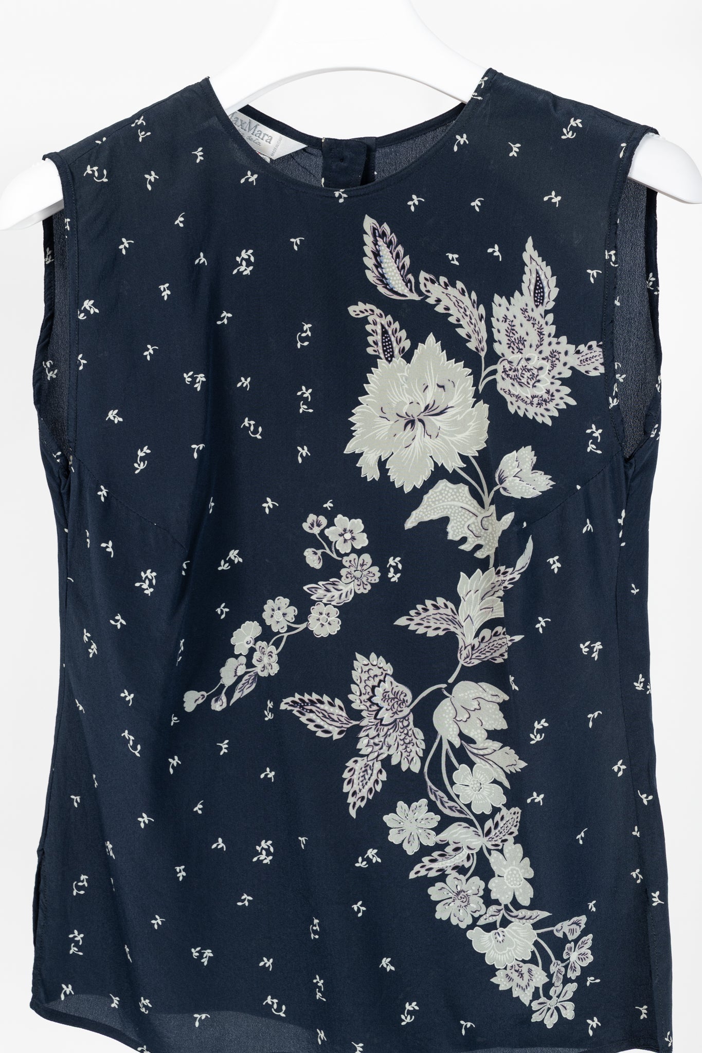 Max Mara Navy Floral Silk Sleeveless Blouse