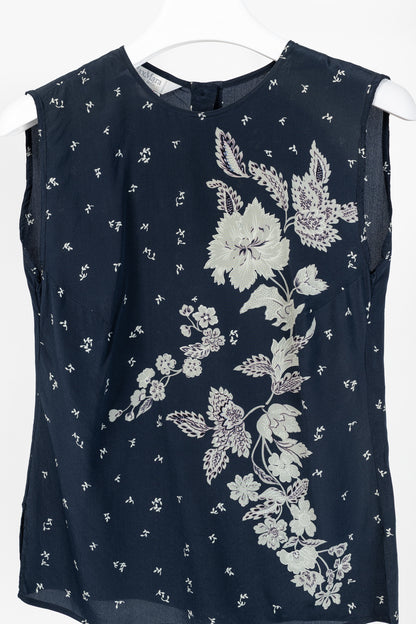 Max Mara Navy Floral Silk Sleeveless Blouse