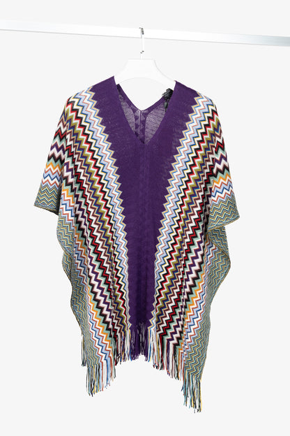 Missoni Purple Chevron Wool-Knit Fringe Poncho