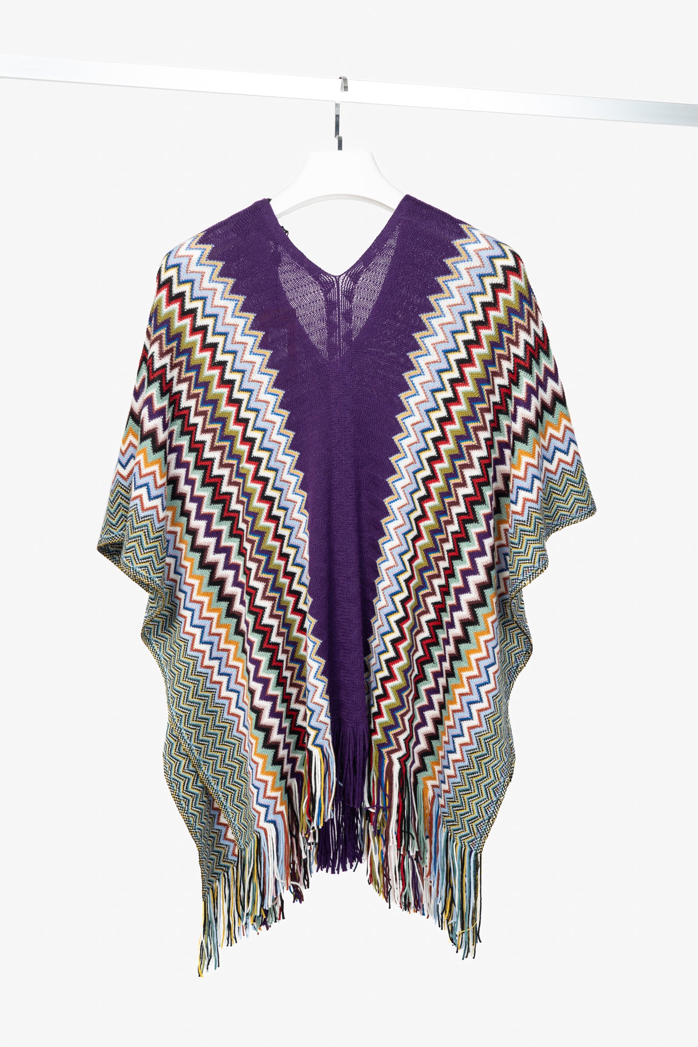 Missoni Purple Chevron Wool-Knit Fringe Poncho