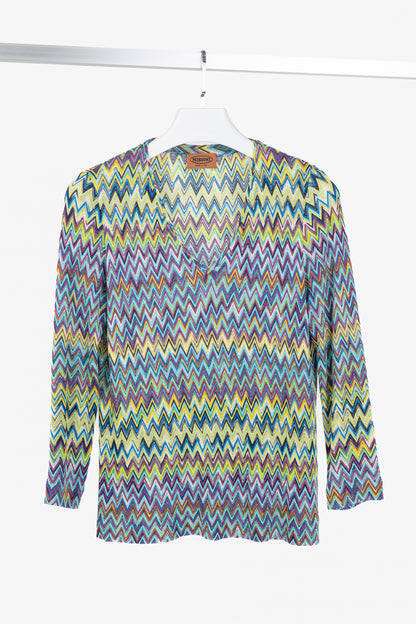 Missoni 90's Vintage Blue Chevron Knit 3/4 Sleeve Top