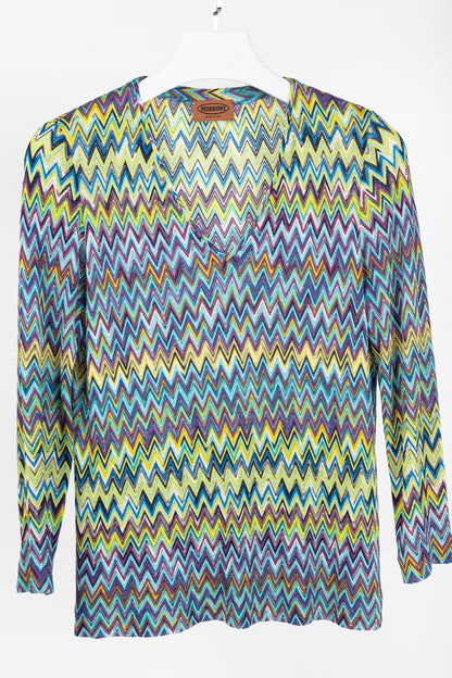 Missoni 90's Vintage Blue Chevron Knit 3/4 Sleeve Top