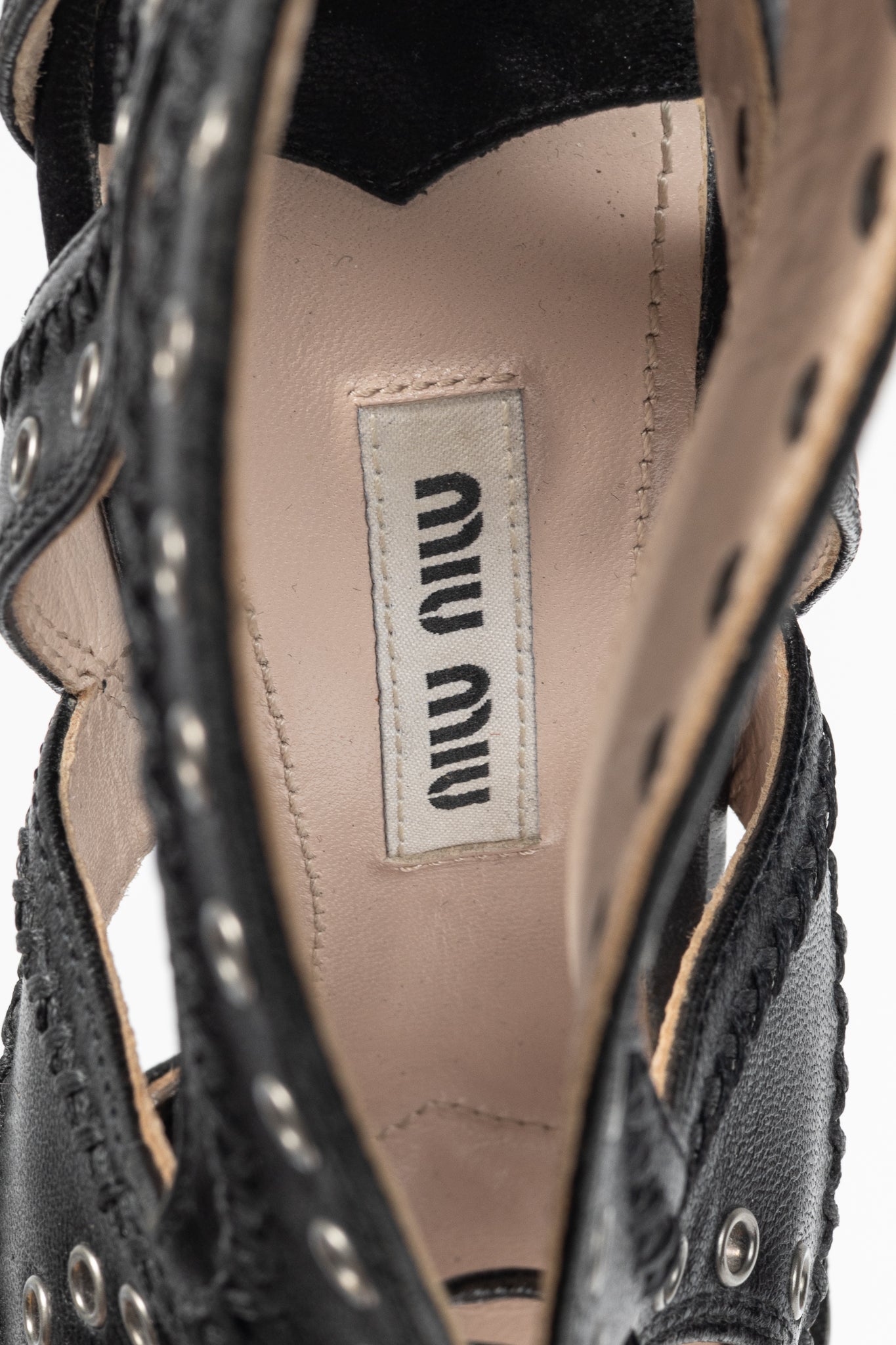 Miu Miu Black Leather Grommet Lace-Up Sandals