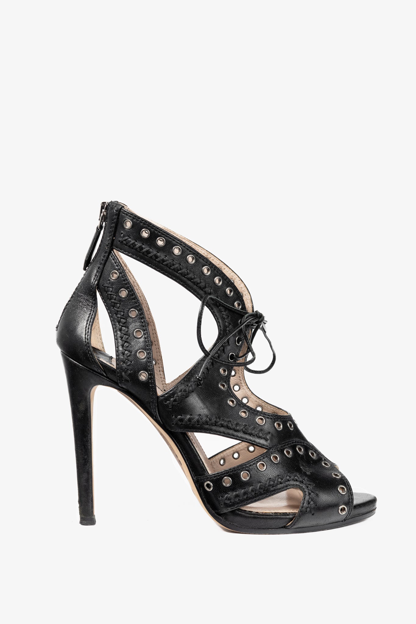 Miu Miu Black Leather Grommet Lace-Up Sandals