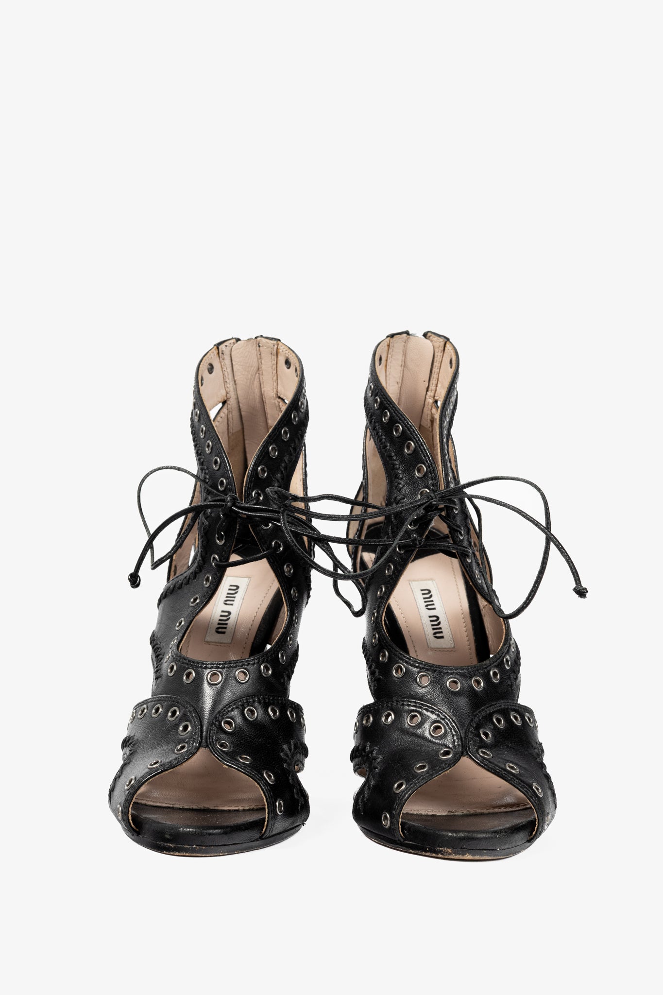 Miu Miu Black Leather Grommet Lace-Up Sandals
