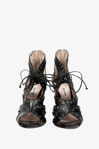 Miu Miu Black Leather Grommet Lace-Up Sandals