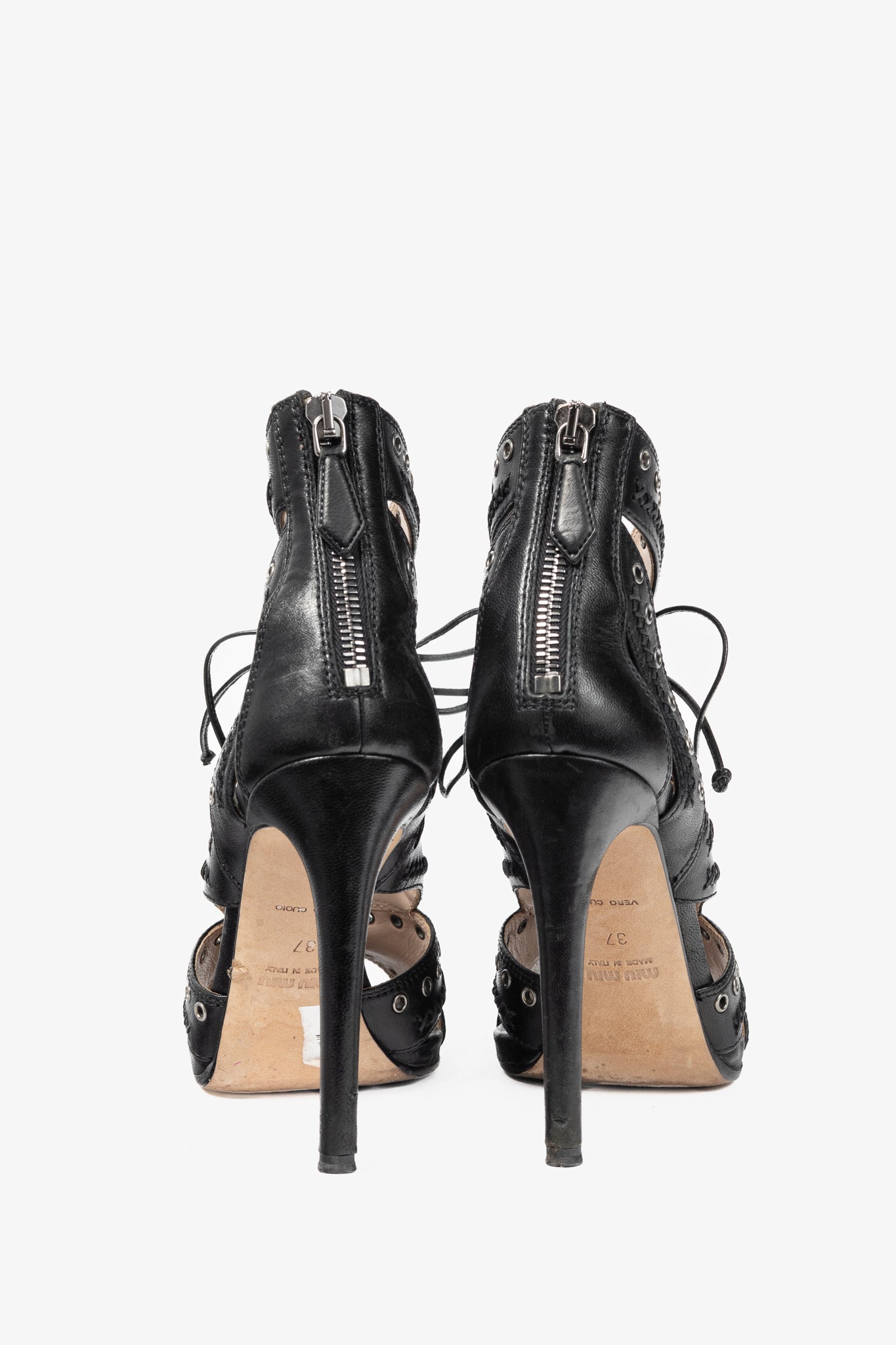 Miu Miu Black Leather Grommet Lace-Up Sandals