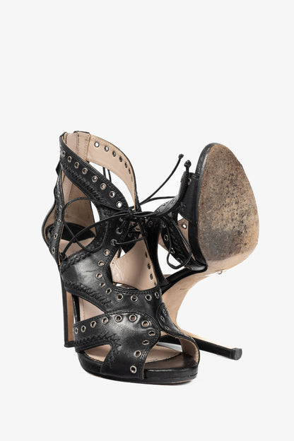 Miu Miu Black Leather Grommet Lace-Up Sandals