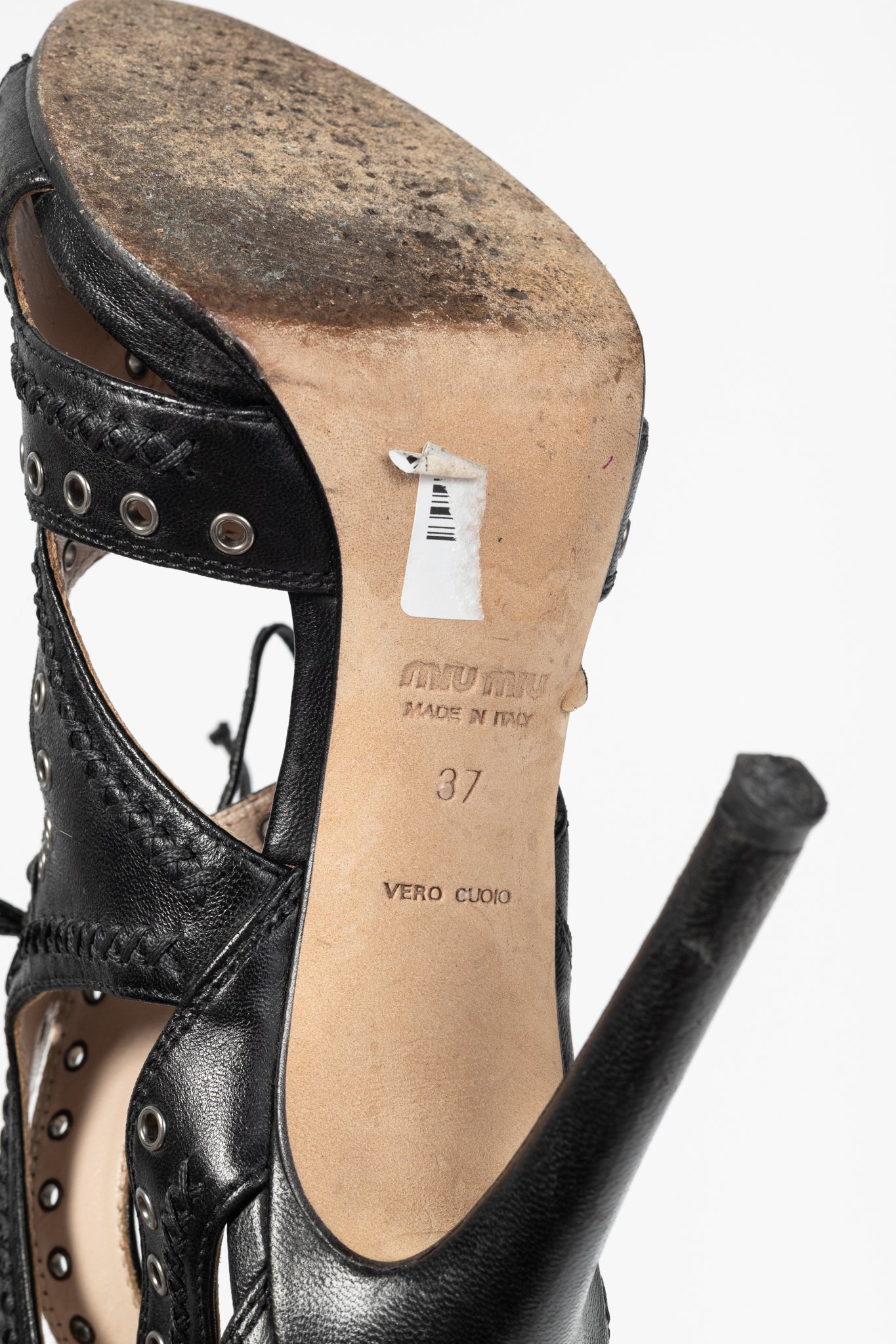 Miu Miu Black Leather Grommet Lace-Up Sandals