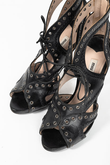Miu Miu Black Leather Grommet Lace-Up Sandals