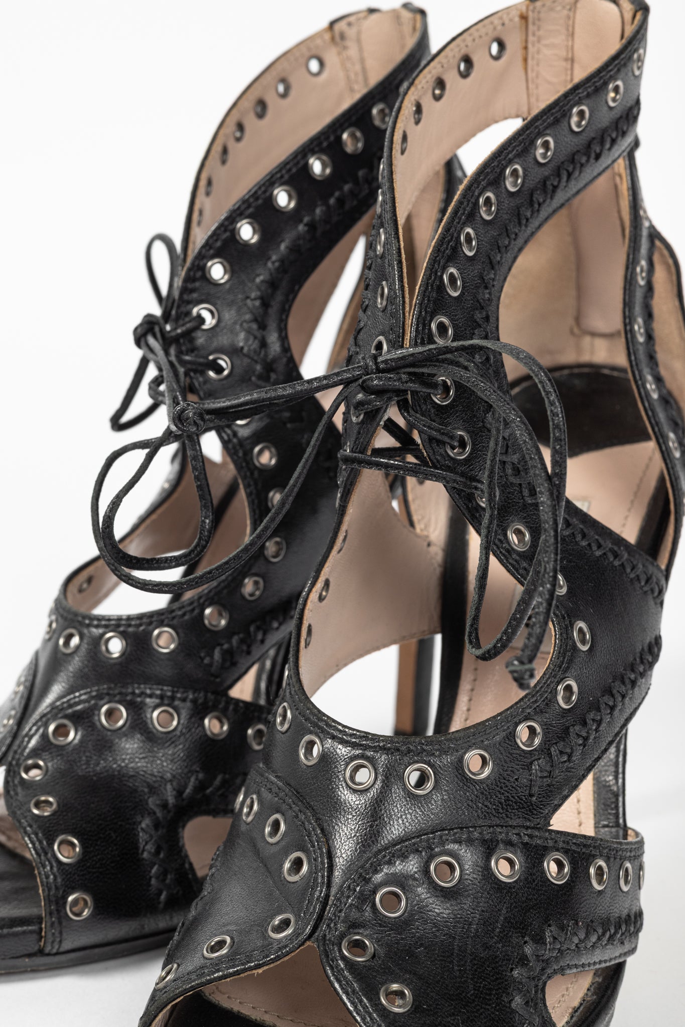Miu Miu Black Leather Grommet Lace-Up Sandals