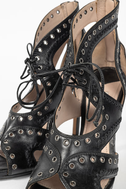 Miu Miu Black Leather Grommet Lace-Up Sandals