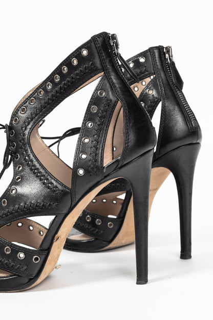 Miu Miu Black Leather Grommet Lace-Up Sandals