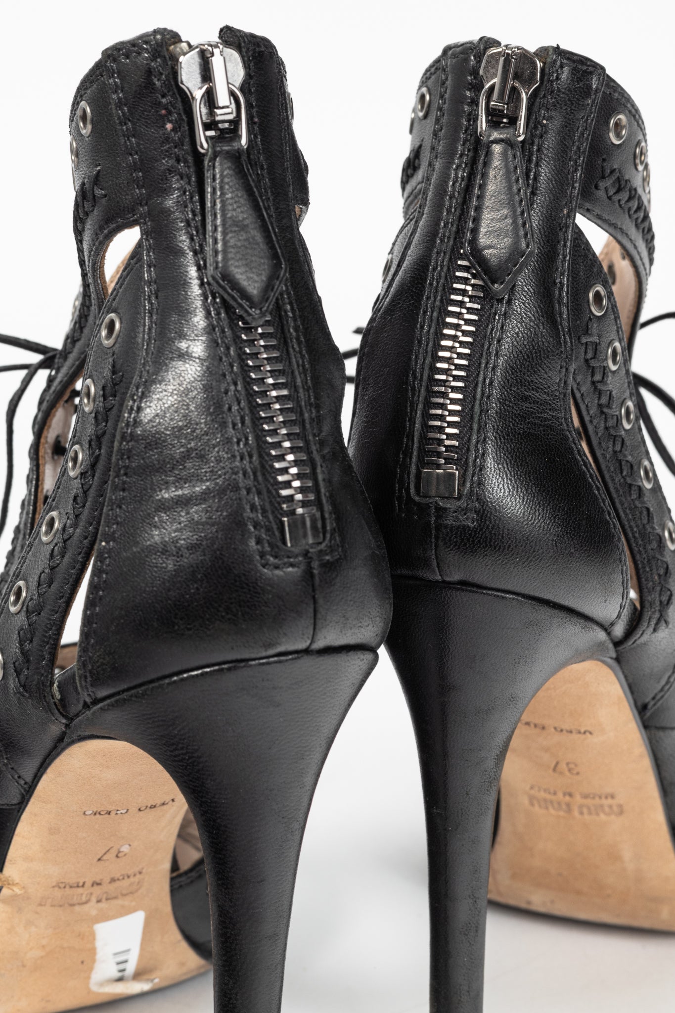 Miu Miu Black Leather Grommet Lace-Up Sandals