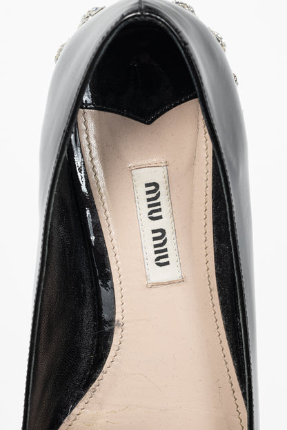 Miu Miu Black Patent Jewel-Heel Bow Pointed-Toe Flats