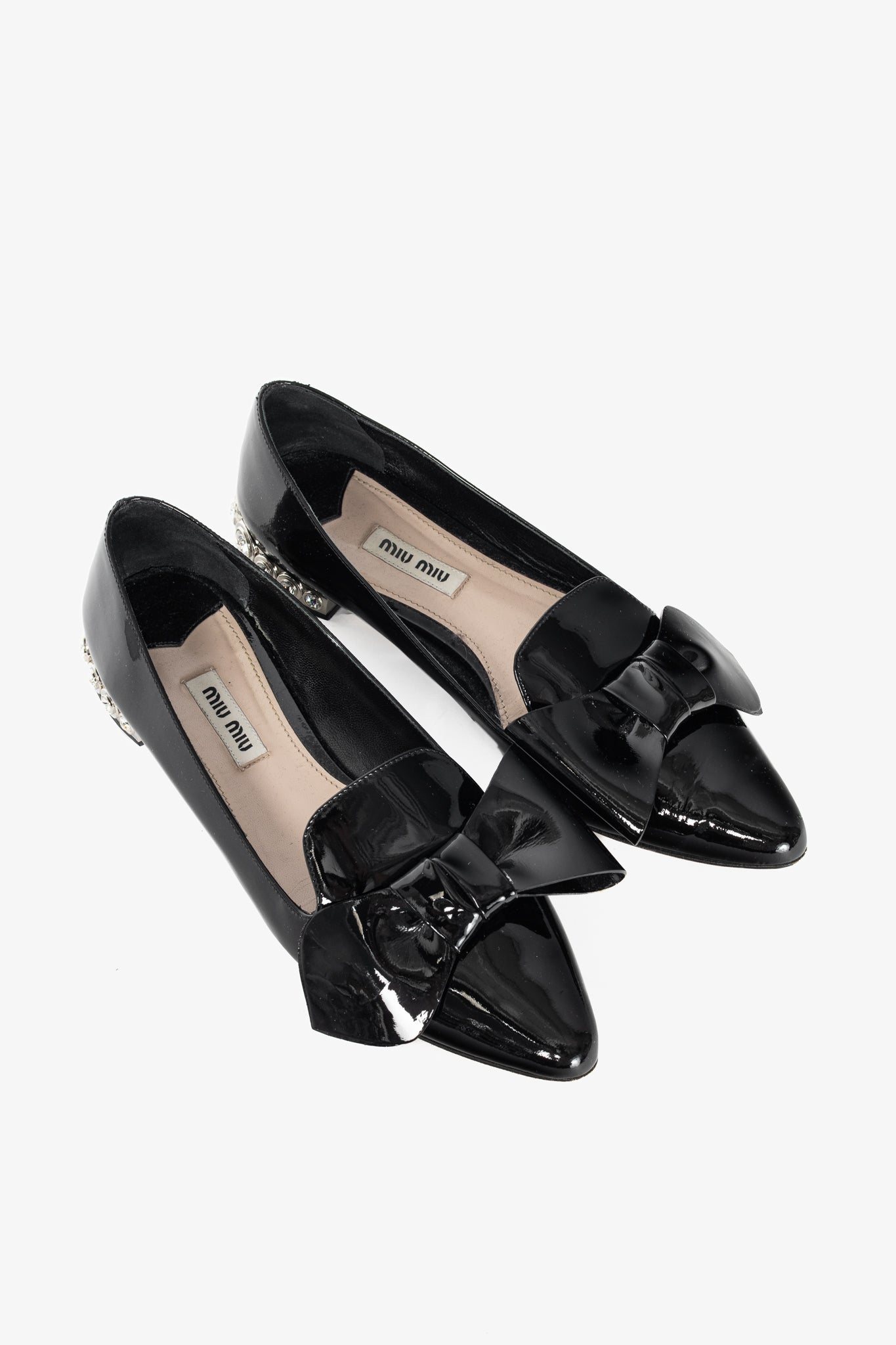 Miu Miu Black Patent Jewel-Heel Bow Pointed-Toe Flats