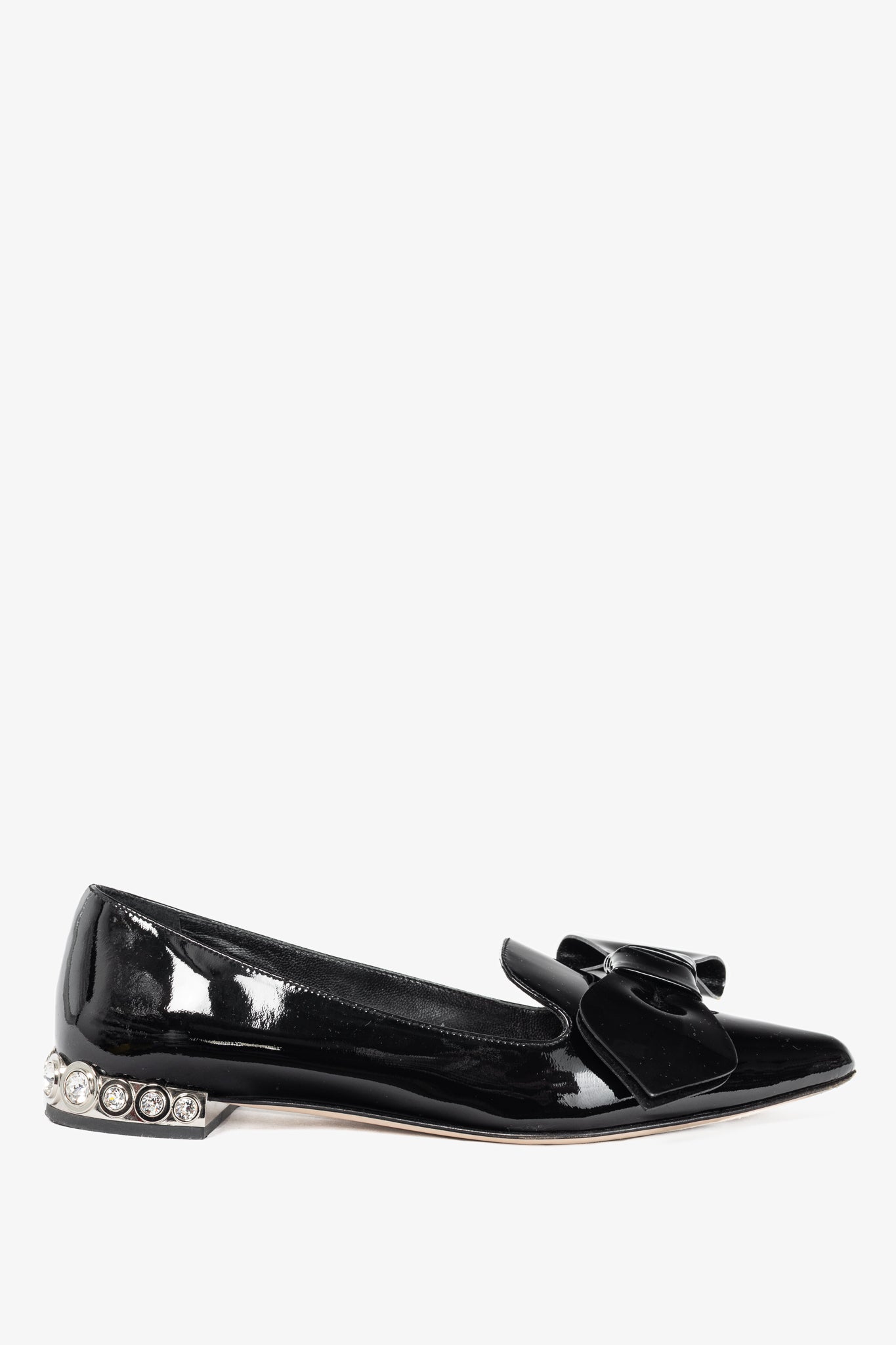 Miu Miu Black Patent Jewel-Heel Bow Pointed-Toe Flats